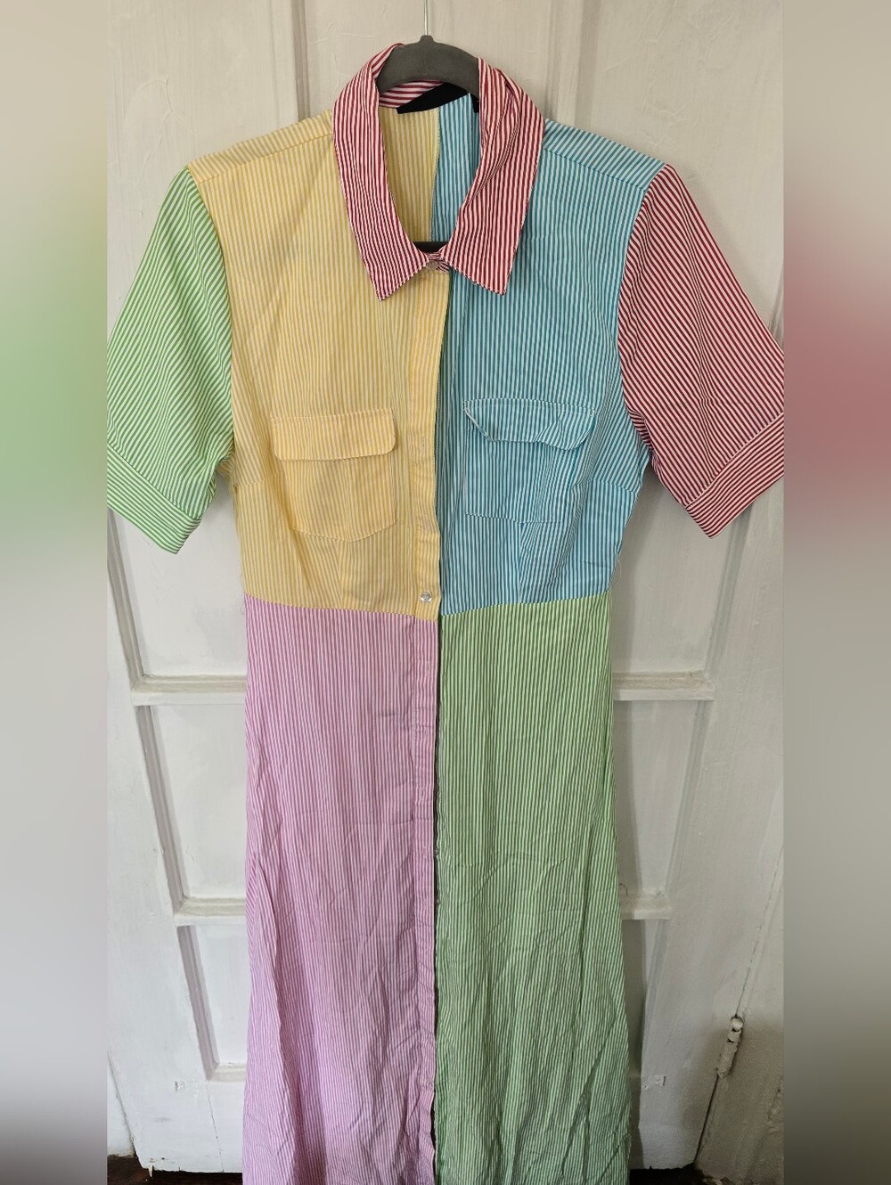 New York & Company Green and White Striped Button-Front Dress
